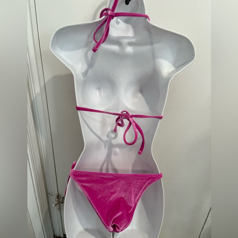 Love & Sports Pink Velour String Bikini Set Sz. XS/S - Picture 3 of 6